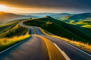 uma enrolamento estrada dentro a montanhas às pôr do sol. gerado por IA foto