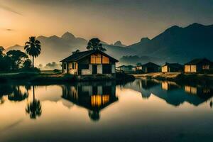 uma casa dentro a meio do uma lago às pôr do sol. gerado por IA foto