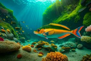 uma peixe natação dentro a oceano com coral recifes. gerado por IA foto