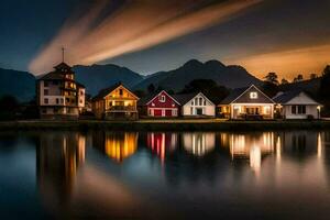 foto papel de parede a céu, montanhas, lago, casas, a céu, a montanhas, a lago. gerado por IA