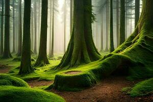 uma floresta com musgoso árvores e árvores gerado por IA foto