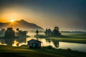 a Sol sobe sobre a lago e a cabana dentro a primeiro plano. gerado por IA foto