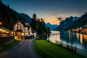 uma casa em a lado do uma lago às crepúsculo. gerado por IA foto