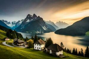 a casa em a lago. gerado por IA foto