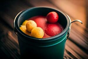 uma balde preenchidas com vermelho líquido e dois bolas. gerado por IA foto