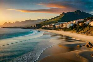 a de praia e montanhas às pôr do sol. gerado por IA foto