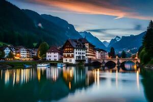 a Cidade do Altenburg dentro a suíço Alpes às crepúsculo. gerado por IA foto