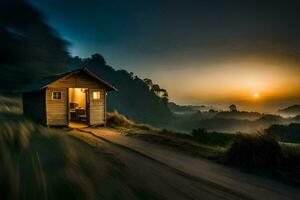 uma pequeno cabana senta em uma encosta às pôr do sol. gerado por IA foto