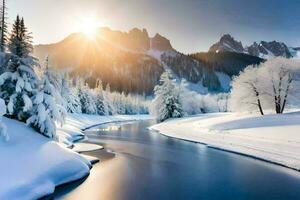 uma rio dentro a neve com árvores e montanhas dentro a fundo. gerado por IA foto