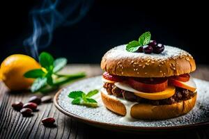 uma Hamburger com queijo, tomates e hortelã em uma placa. gerado por IA foto