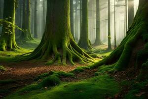 uma floresta com verde árvores e musgo. gerado por IA foto