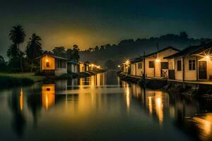 uma rio às noite com casas e Palma árvores gerado por IA foto