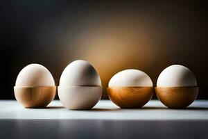cinco ovos dentro de madeira ovo copos em uma mesa. gerado por IA foto