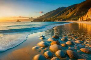 a de praia às pôr do sol com pedras e água. gerado por IA foto