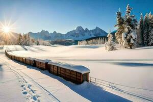 uma trem viajando através a neve com árvores dentro a fundo. gerado por IA foto