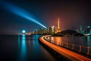 a cidade Horizonte às noite com grandes exposição. gerado por IA foto