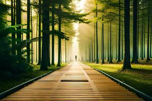 uma homem é caminhando baixa uma caminho dentro a meio do uma floresta. gerado por IA foto