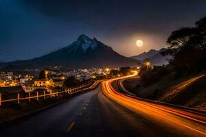 uma estrada com uma lua dentro a céu e montanhas dentro a fundo. gerado por IA foto