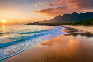 a praia, a céu, a montanhas, a oceano, a praia, a céu, o. gerado por IA foto