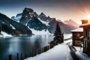 uma Nevado montanha panorama com uma lago e uma casa. gerado por IA foto