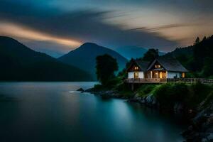 foto papel de parede a céu, montanhas, lago, casa, a casa, a lago, a montanhas. gerado por IA