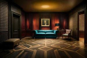 a quarto é decorado com madeira painéis e uma azul sofá. gerado por IA foto
