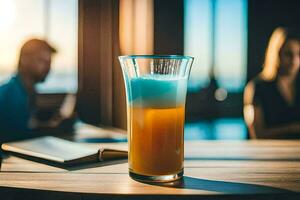 uma vidro do laranja suco sentado em uma mesa. gerado por IA foto