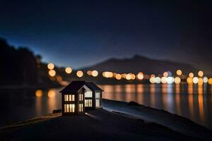 uma pequeno casa senta em a costa do uma lago às noite. gerado por IA foto