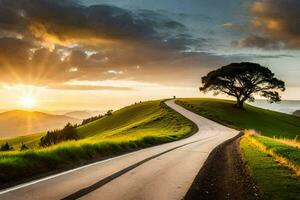 a estrada para a pôr do sol. gerado por IA foto