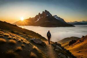 uma homem anda em acima uma montanha trilha às nascer do sol. gerado por IA foto