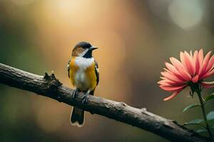 uma pássaro senta em uma ramo com uma flor dentro a fundo. gerado por IA foto