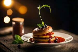 uma Hamburger com molho e uma folha em topo. gerado por IA foto