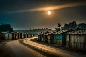 uma estrada com cabanas e uma cheio lua dentro a céu. gerado por IA foto