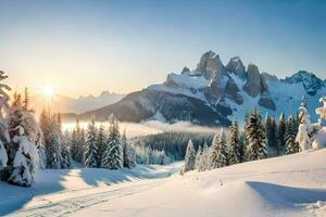 neve coberto árvores e montanhas às nascer do sol. gerado por IA foto