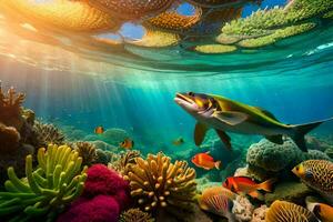 a embaixo da agua cena com peixe e coral. gerado por IA foto