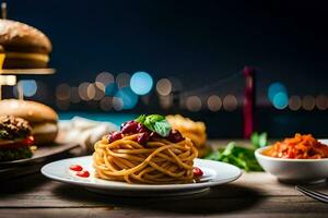 uma prato do espaguete e Hamburger em uma mesa. gerado por IA foto