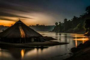 uma cabana senta em a costa do uma rio às pôr do sol. gerado por IA foto