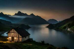 foto papel de parede a céu, montanhas, lago, casa, a casa, a lago, a montanhas. gerado por IA