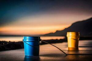 dois baldes estão sentado em a de praia às pôr do sol. gerado por IA foto