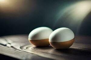 dois ovos em uma de madeira mesa. gerado por IA foto