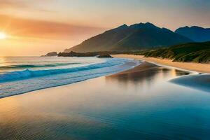 a praia, a céu, a montanhas, a oceano, a pôr do sol, a mar, o. gerado por IA foto