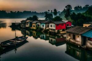 uma rio com casas em a costa e barcos dentro a água. gerado por IA foto