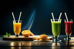três diferente tipos do sucos e bebidas em uma mesa. gerado por IA foto