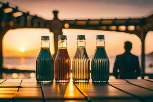 quatro garrafas do refrigerante sentado em uma mesa dentro frente do uma pôr do sol. gerado por IA foto