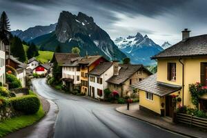 uma rua dentro a Alpes com montanhas dentro a fundo. gerado por IA foto