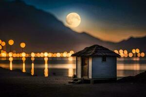 uma pequeno cabana senta em a costa do uma lago às noite. gerado por IA foto