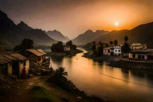 uma rio corre através uma Vila às pôr do sol. gerado por IA foto