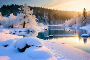uma Nevado rio dentro a inverno. gerado por IA foto