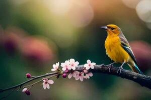 uma amarelo pássaro senta em uma ramo com Rosa flores gerado por IA foto