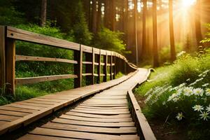 de madeira caminho dentro a floresta com Sol brilhando através. gerado por IA foto
